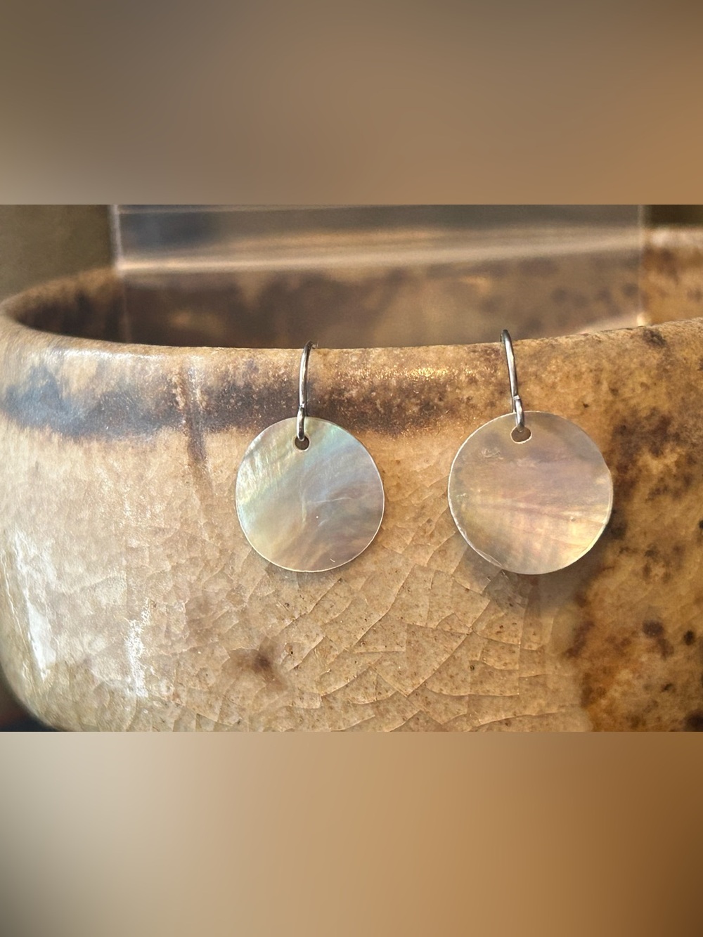 Iridescent Mother-of-Pearl Disc Drop Earrings - Subtle Shimmer